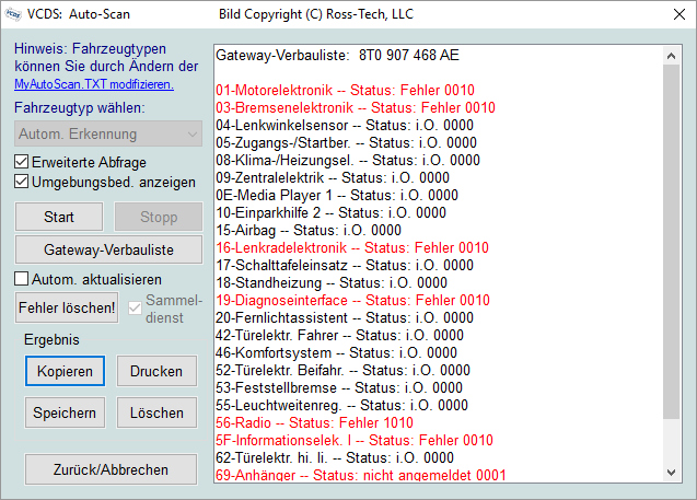Screenshot: Auto-Scan / Diagnoseprotokoll
